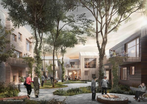 Rendering av Dronning Ingrids hage Skoghagen; gardstun med trær, beplantning, gangveier og mennesker