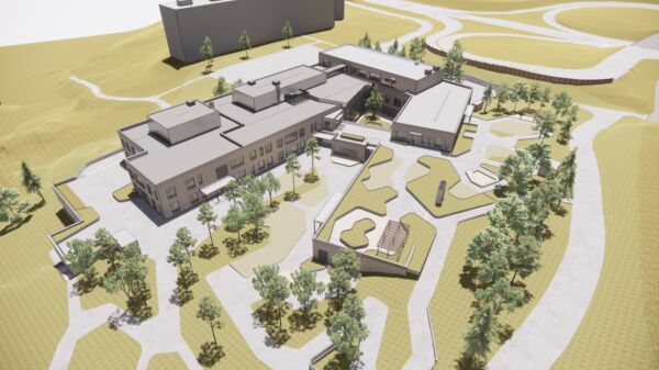 Illustrasjon av Haukåsen skole fra fugleperspektiv.