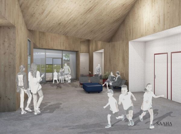 Illustrasjon av et panelkledd rom innendørs med mennesker som gjør ulike aktiviteter.