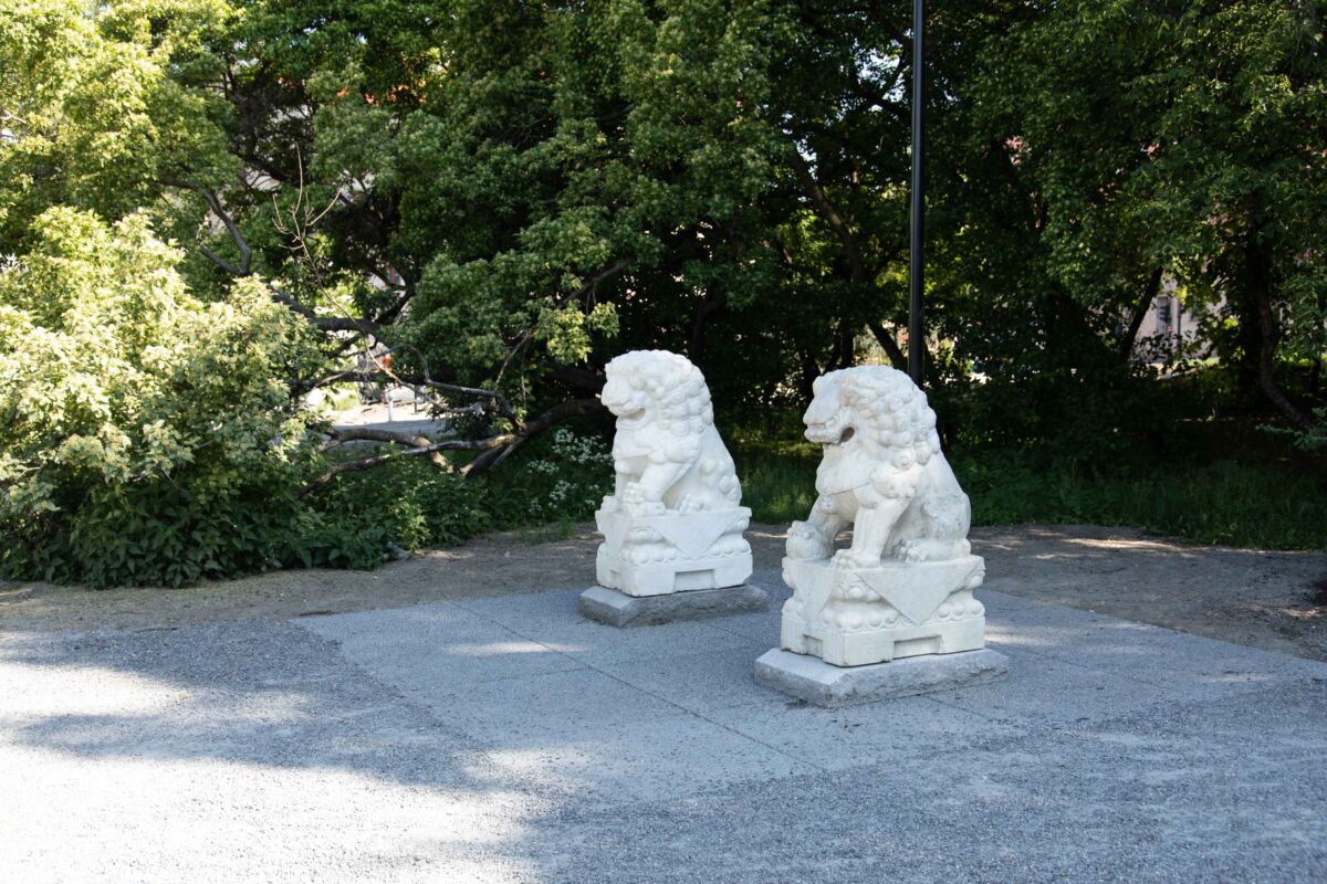 To løveskulpturer i en park. Foto.