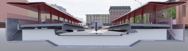 Illustrasjon av gangtunnel på Majorstuen stasjon.