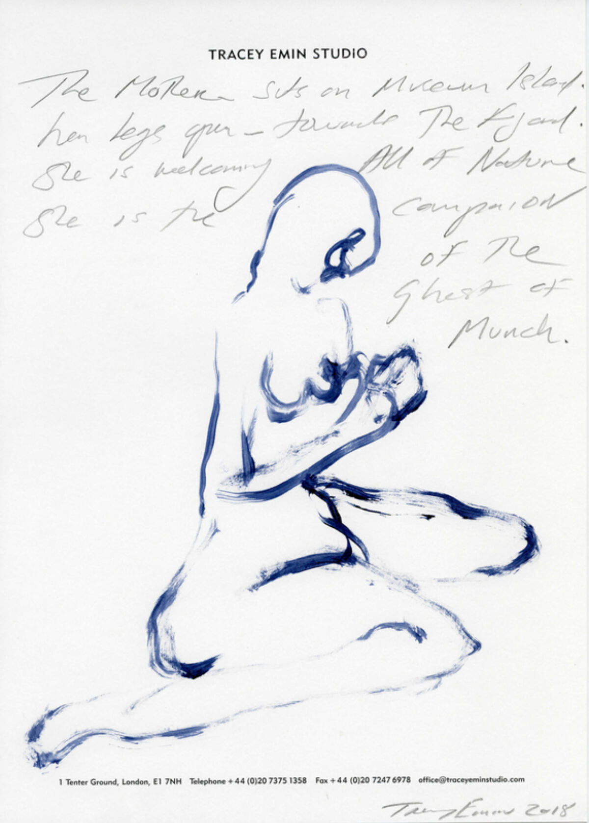 Tegning av en kvinne som sitter på knærne.Tegning