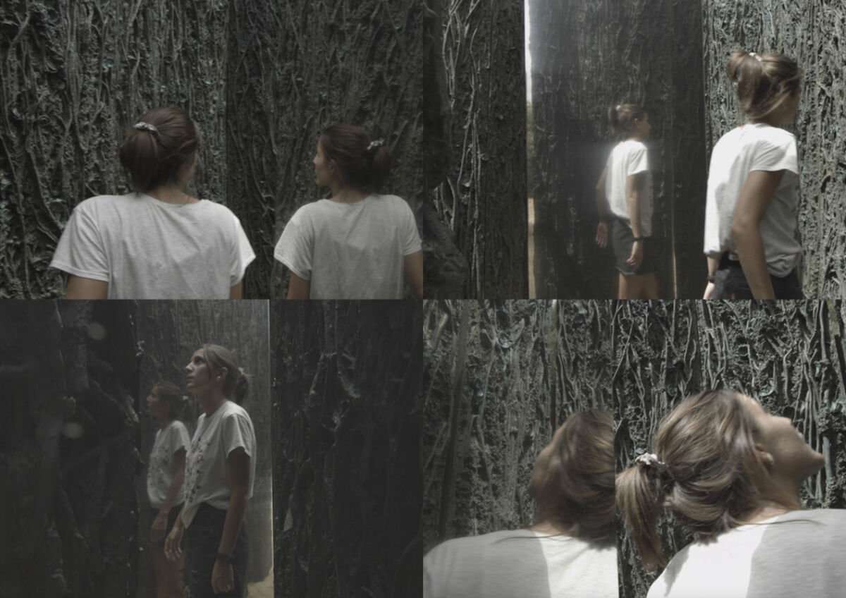 Collage av jente i labyrint. Rendering