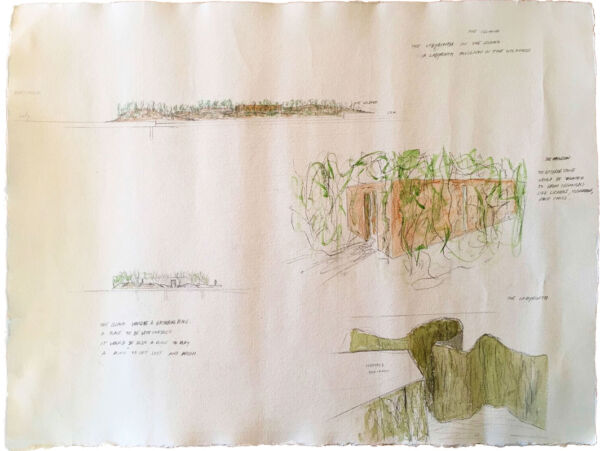 Akvarell; jord, røtter, vegg av trær, tekst. Illustrasjon