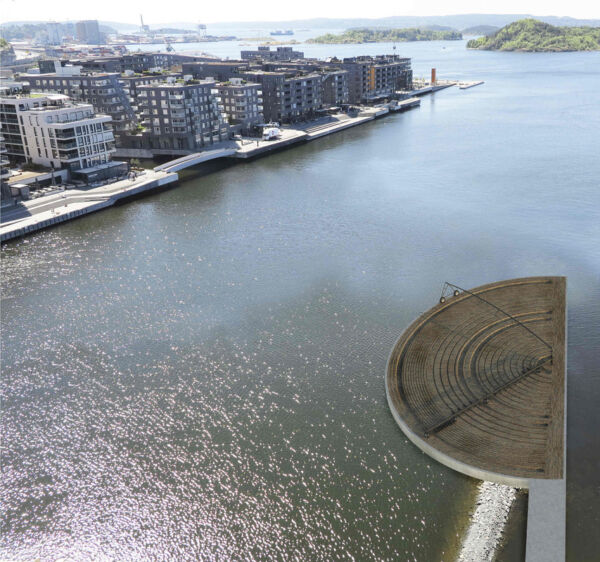 Fugleperspektiv av jordkledd pir. Rendering