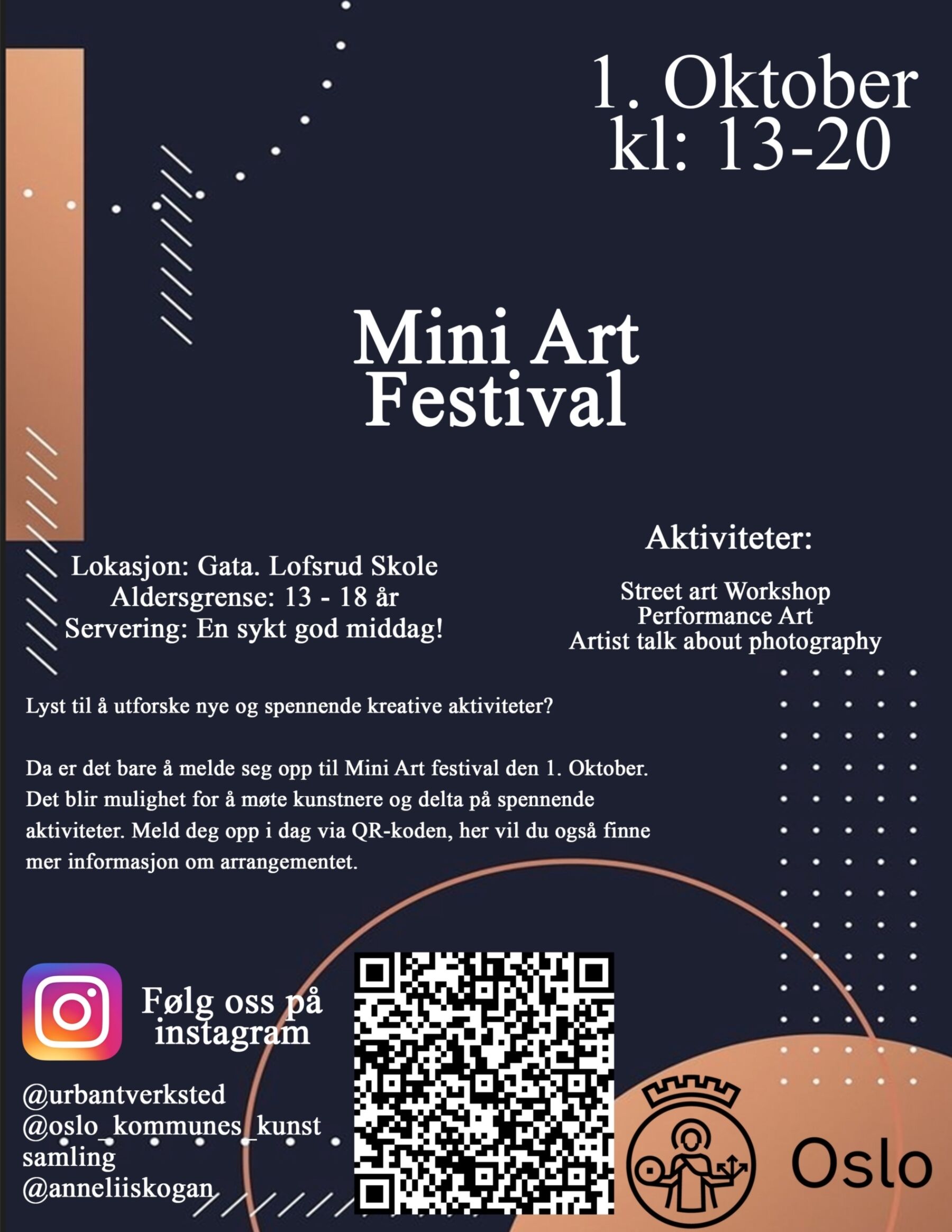 En sort flyer med hvit tekst hvor det står "Mini Art Festival" på. Flyer.