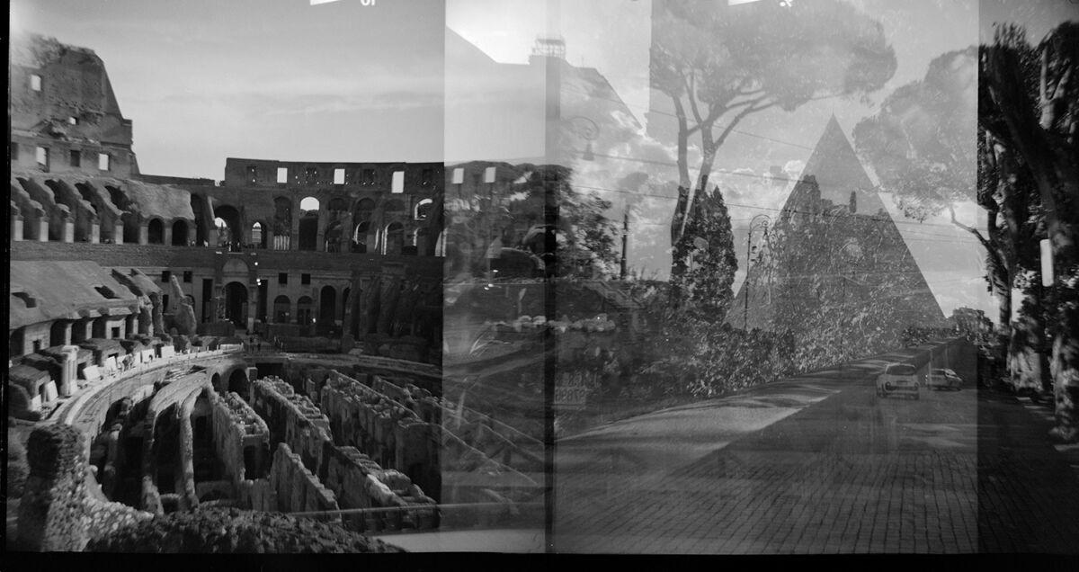 To svart-hvitt fotografier av historiske bygninger som blender inn i hverandre. Foto.
