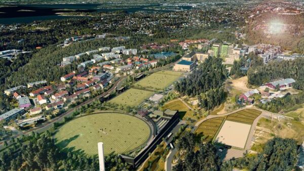 Oversiktsbilde av et stort grønt areal med bebyggelse og offentlige bygninger. Illustrasjon.