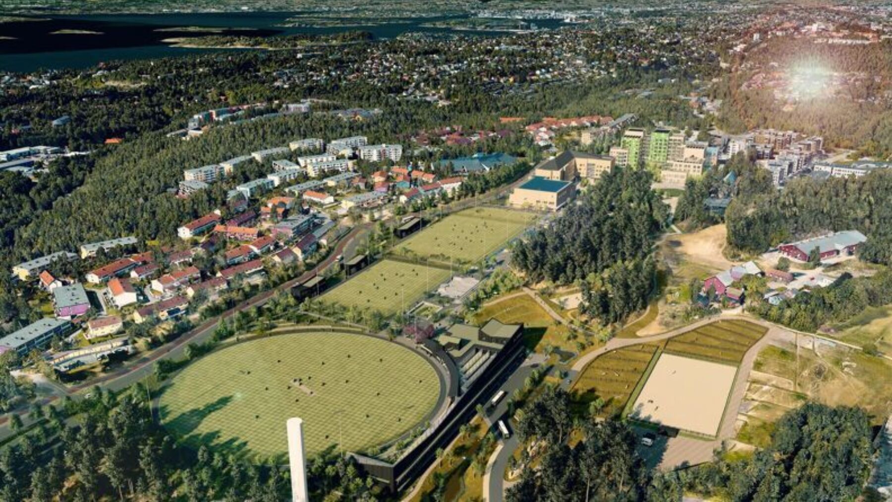 Oversiktsbilde av et stort grønt areal med bebyggelse og offentlige bygninger. Illustrasjon.