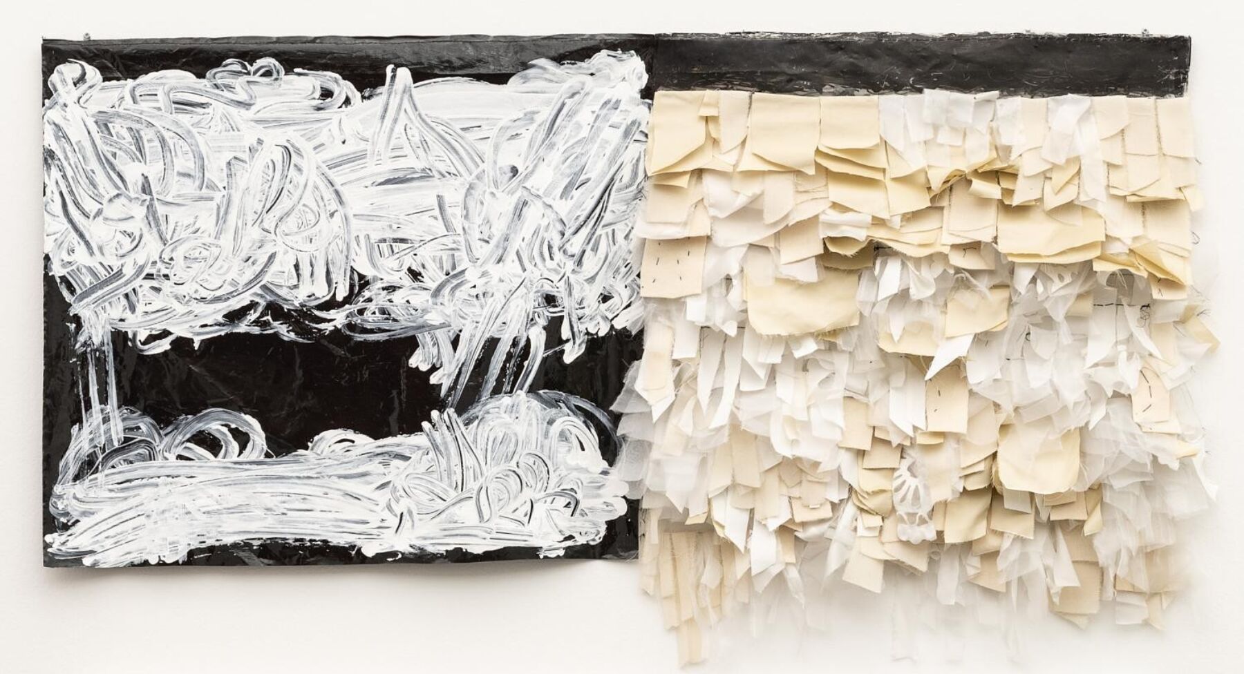 Et kunstverk bestående av ull malt med akryl, plastikk og silke, sydd på plast. Foto.