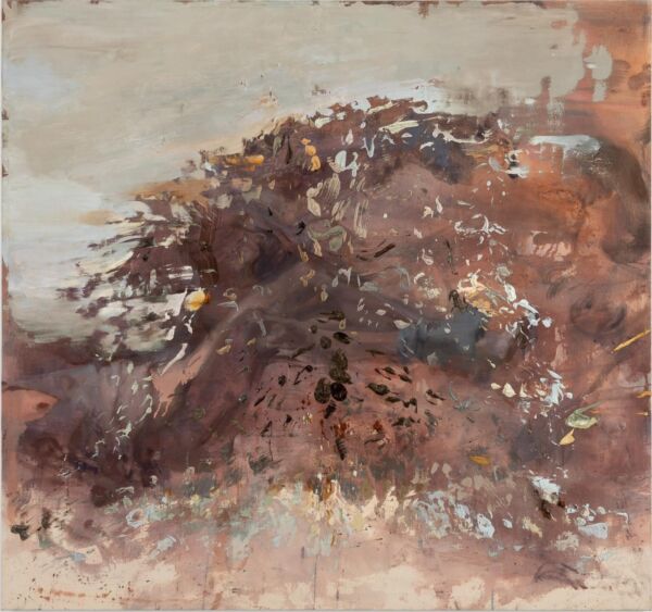 Organisk, abstrakt motiv i røde, brune og oransje toner. Maleri.