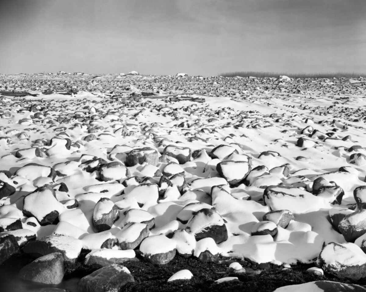 Svart-hvitt foto av mange steiner på bakken, dekket med snø. Foto.