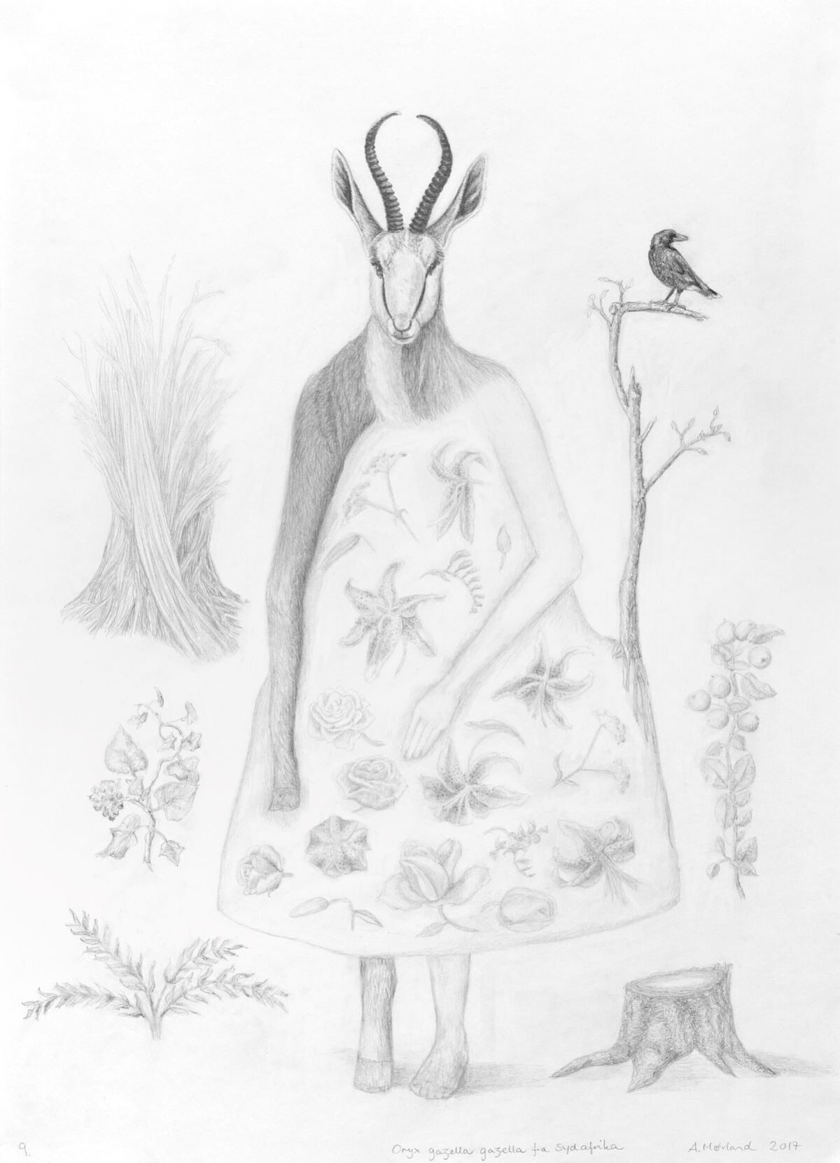 Tegning av en bukk som står på to ben. På kroppen har den en blomsterkjole. Illustrasjon.