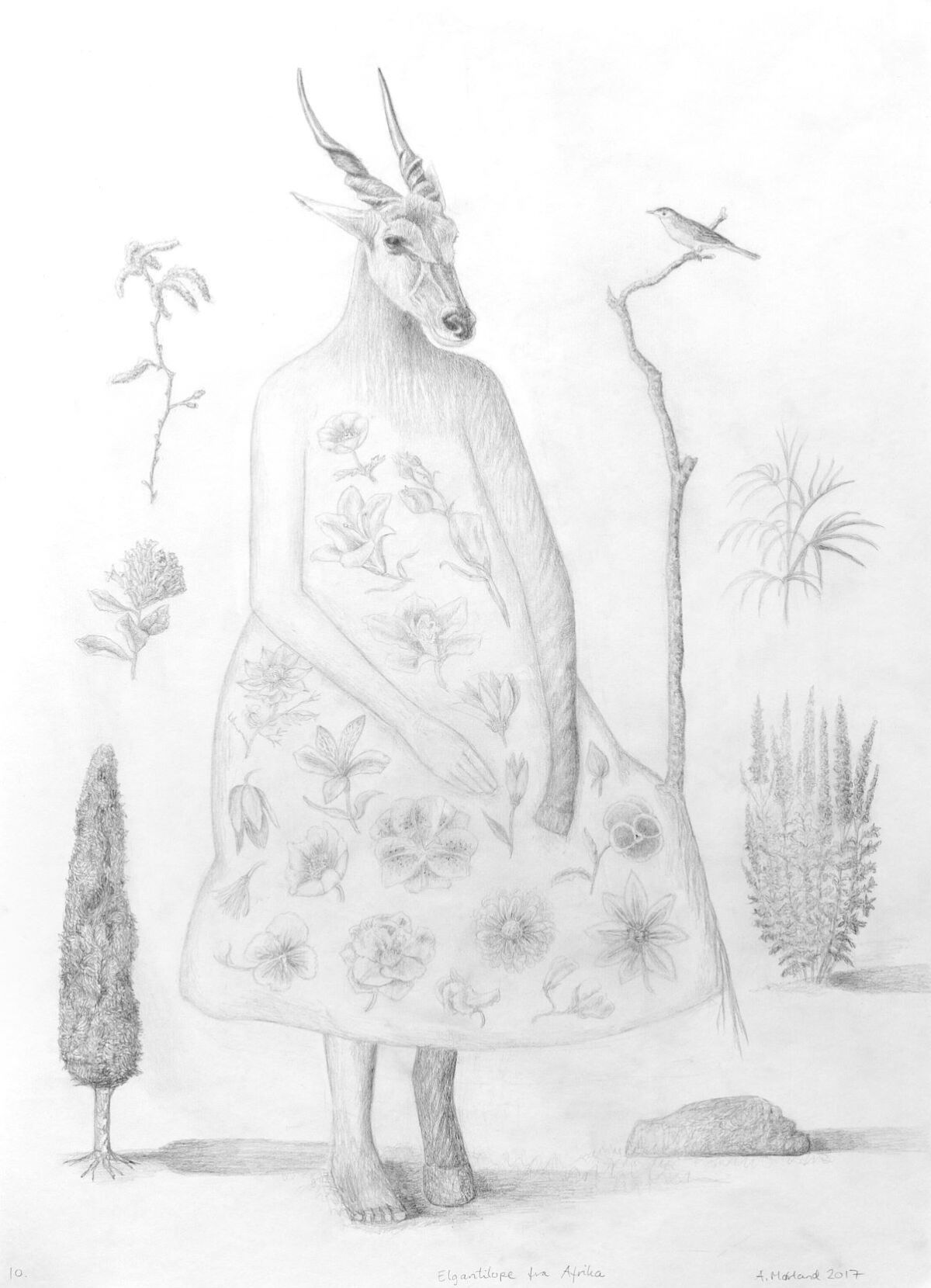 Tegning av en bukk som står på to ben. På kroppen har den en blomsterkjole. Illustrasjon.