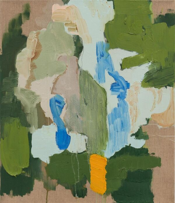 Abstrakt maleri i brunt, grønt, gult, blått og beige. Maleri.