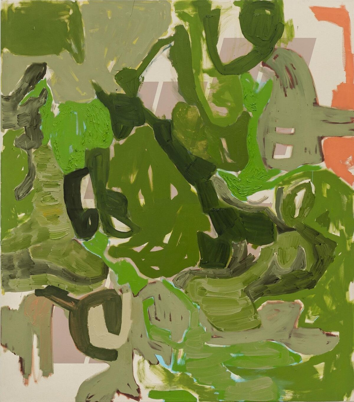 Abstrakt maleri i grønt, brunt, beige og fersken. Maleri.