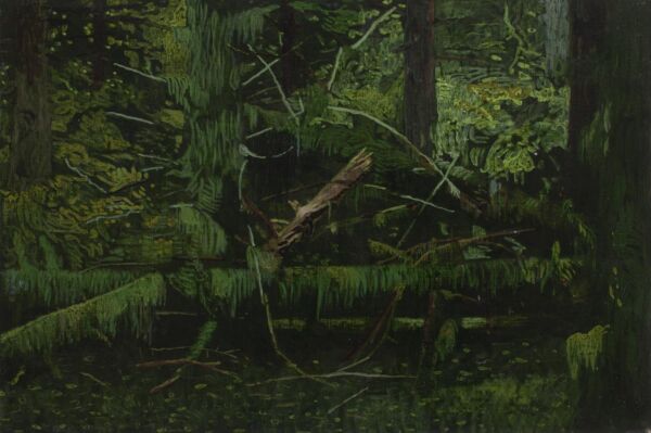 Maleri av grønn skogsmiljø. Maleri.