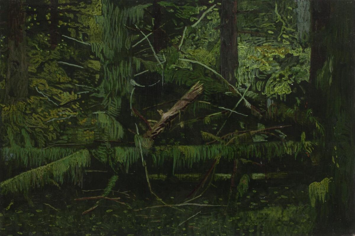 Maleri av grønn skogsmiljø. Maleri.