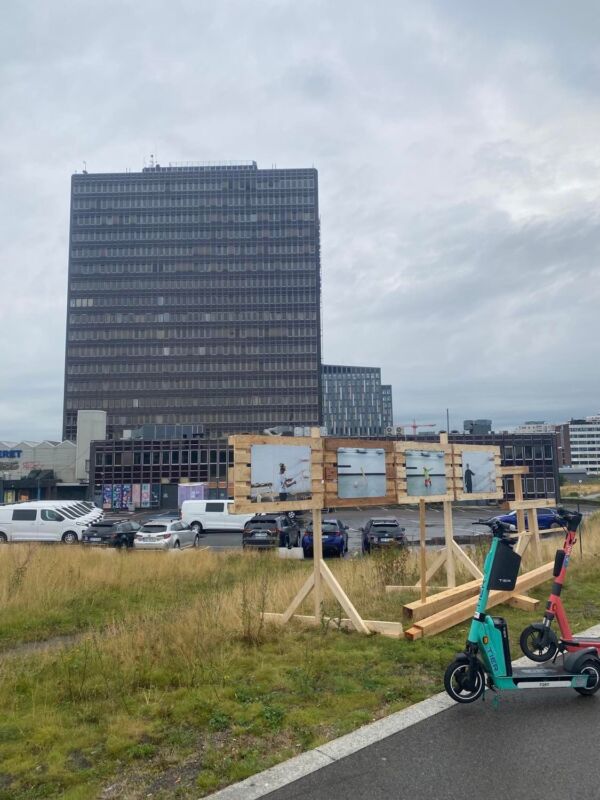 Treinstallasjon på gress foran en høyblokk med mange vinduer. Foto.