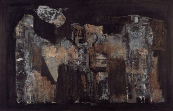 Former i mørke grå og beige toner på et maleri. Foto.