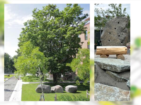 Montasje med skisser og foto over østre parkdrag på Ensjø