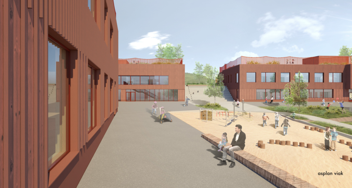 Rendering av Refstad skole, bygg og skolegård