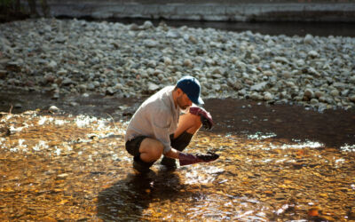 En person sitter på huk i en elv og plukker opp noe fra vannet. Foto.