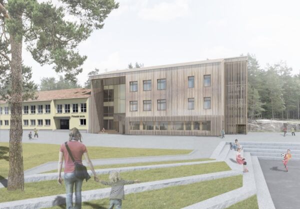 Illustrasjon av en bygning med tilbygg. Foran er en skolegård og mennesker som bruker den. Illustrasjon.