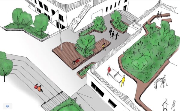 Rendering som viser et torg med beplantning og bygninger, utsiktspunkter og mennesker i aktivitet. Rendering