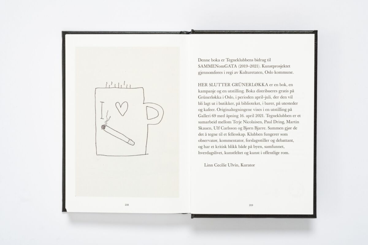 To sider i en bok med tegning på venstre side og tekst på høyre side. Foto.