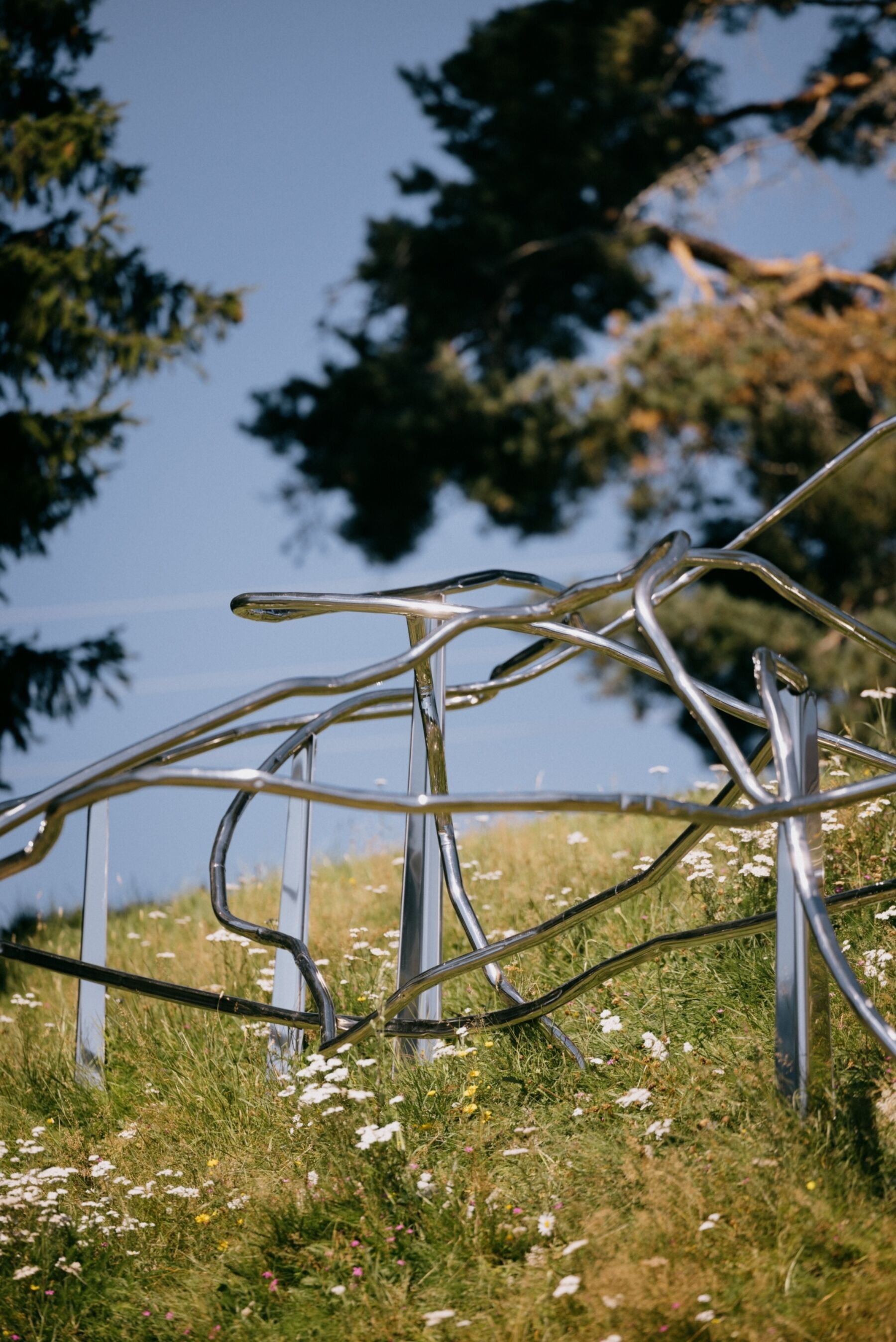 En abstrakt metallskulptur i en blomstereng. Fotografi.