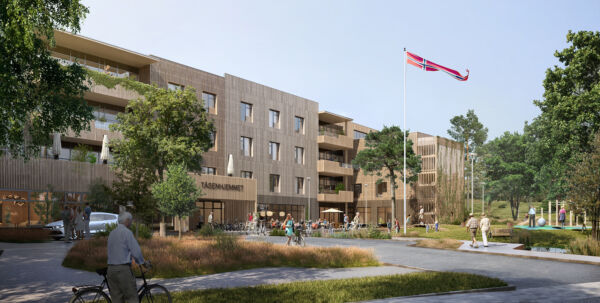 Illustrasjon av et stort trebygg med grønt område rundt.