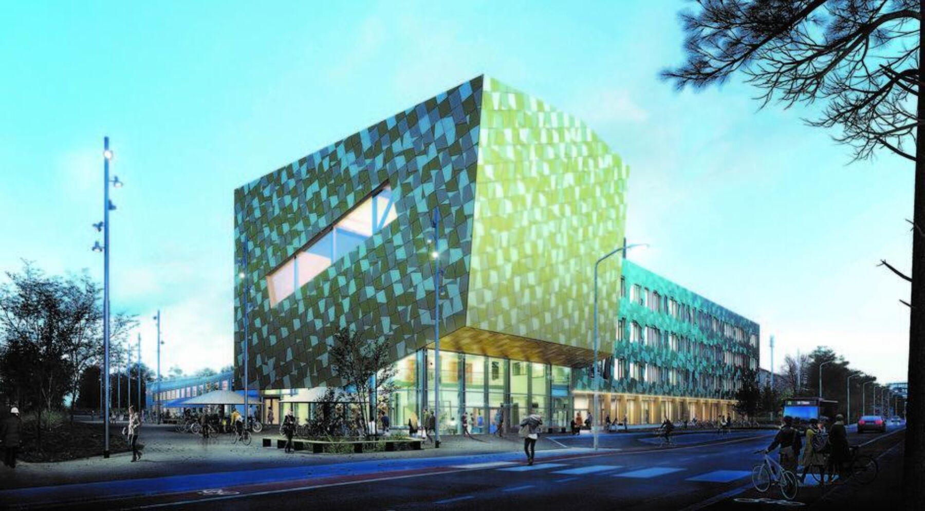Stort firkantet bygg med avlangt sidebygning, i grønt og blått. Illustrasjon.