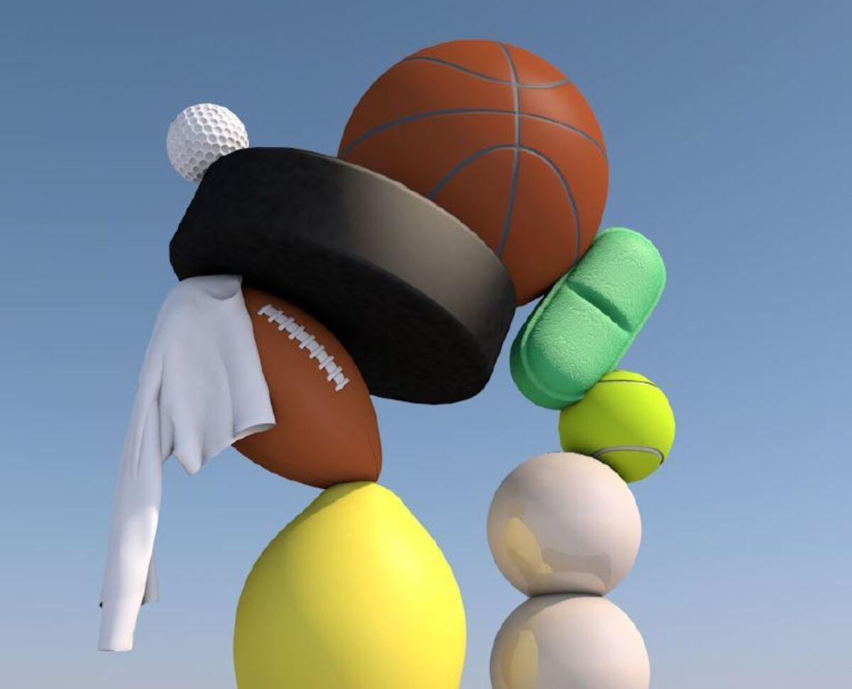Illustrasjon av en skulptur bestående av tennisball, basketball, golfball, rugbyball, en genser og en grønn pille. Illustrasjon.