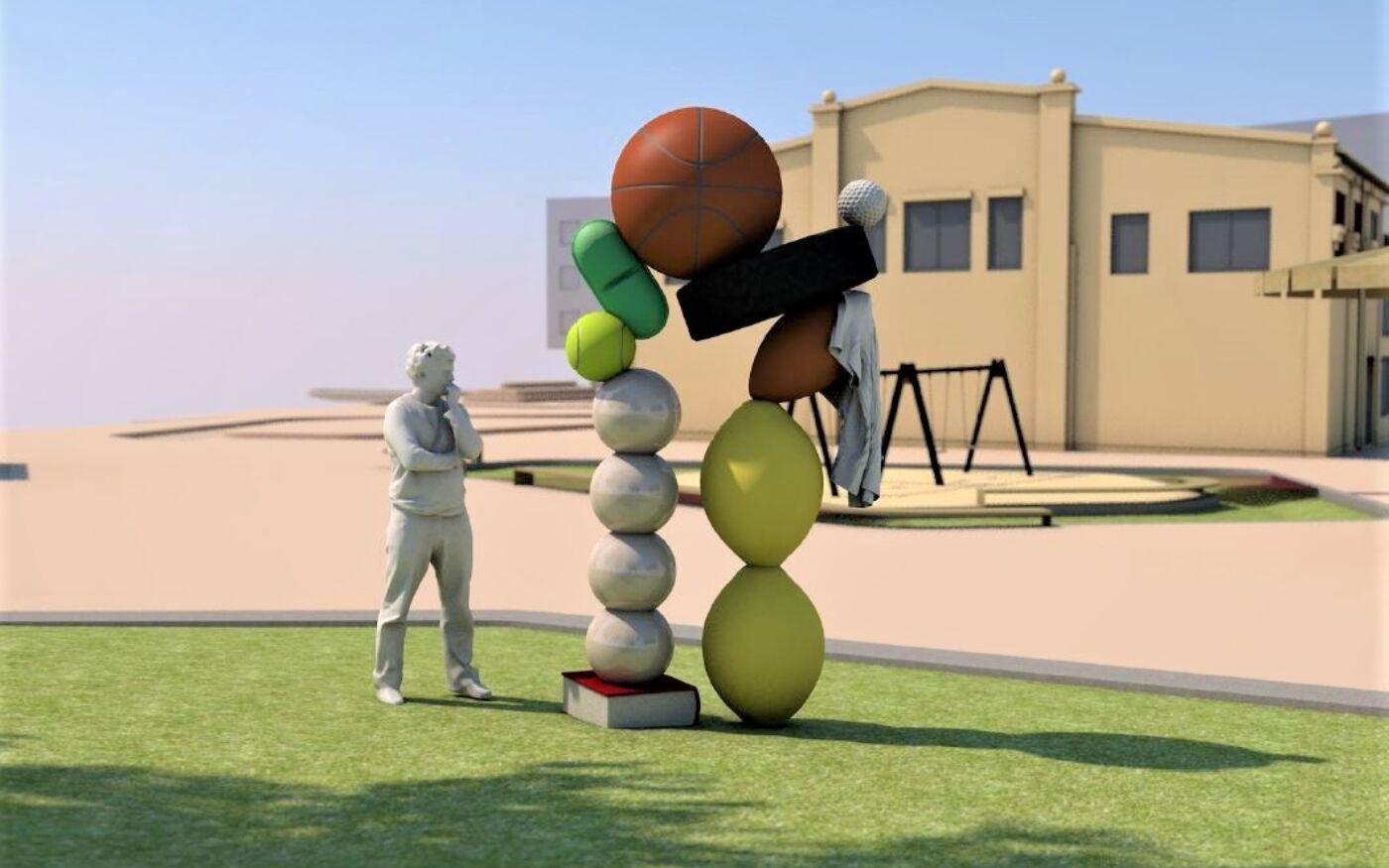 Illustrasjon av en skulptur som betraktes av en person. I bakgrunnen er en skolebygning med lekeplass foran. Illustrasjon.