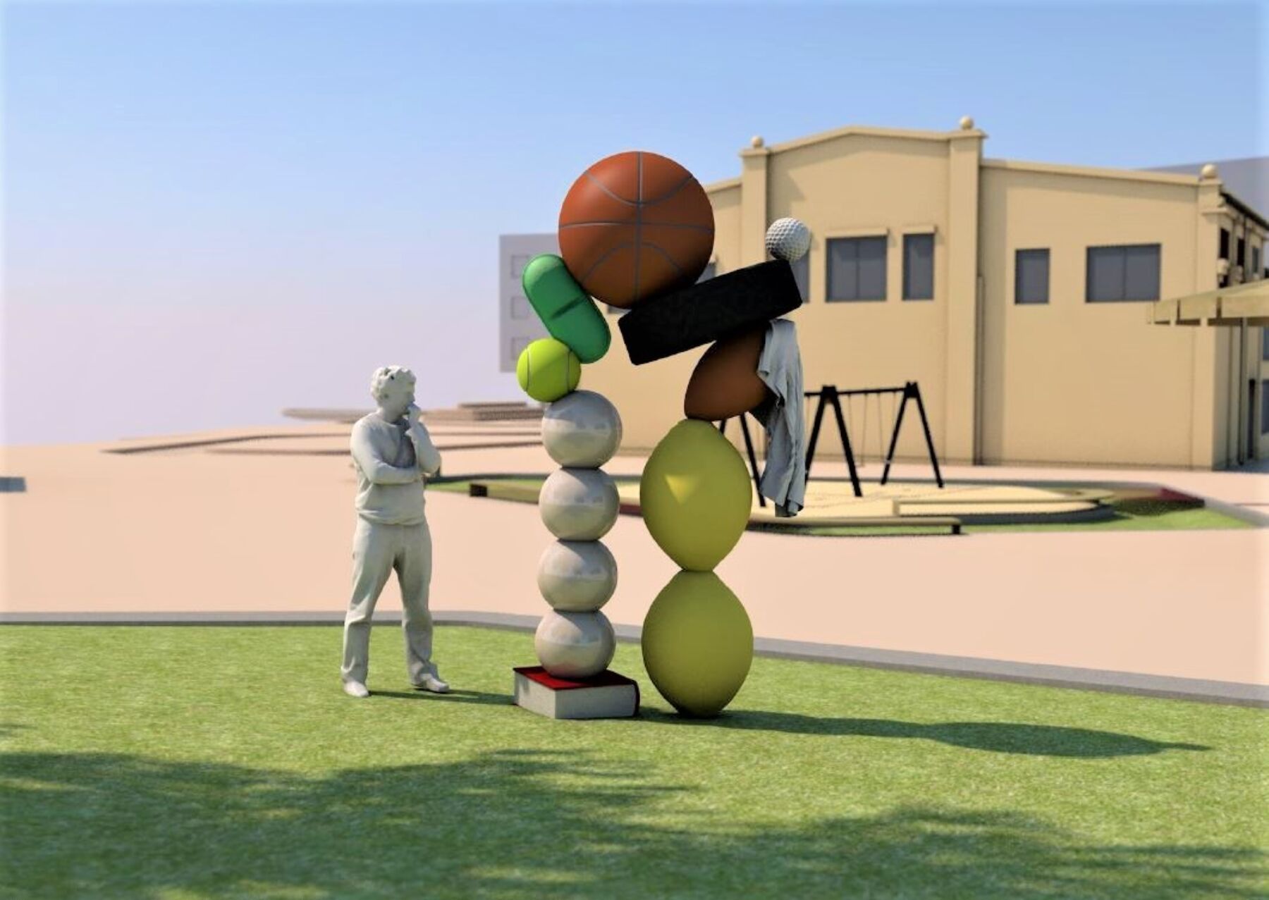 Illustrasjon av en skulptur som betraktes av en person. I bakgrunnen er en skolebygning med lekeplass foran. Illustrasjon.