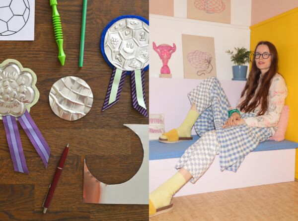 Foto av kreativt arbeid fra workshop til venstre, foto av kunstner Lotta Grimborg til høyre