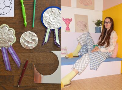 Foto av kreativt arbeid fra workshop til venstre, foto av kunstner Lotta Grimborg til høyre